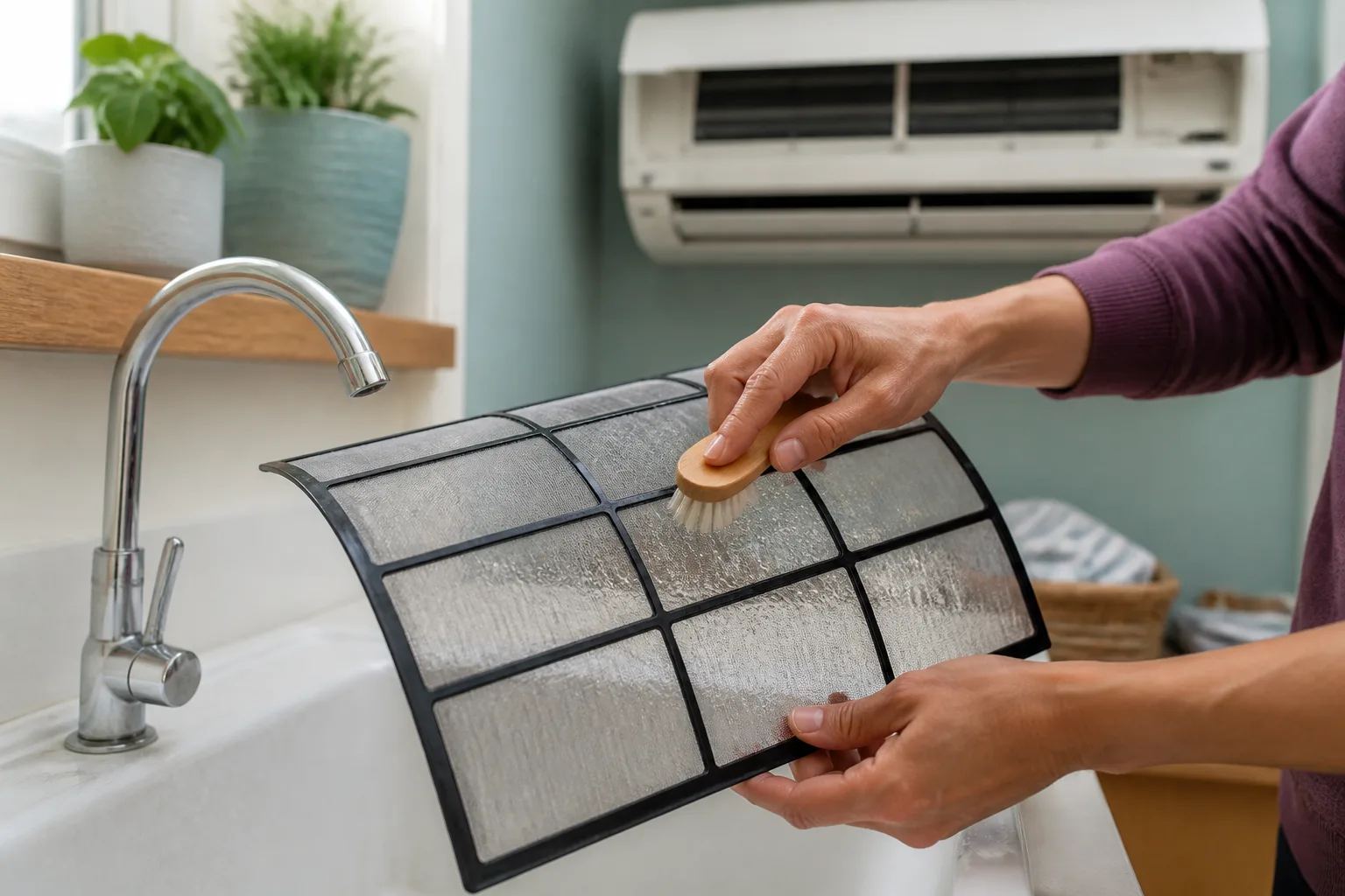 Main nettoyant un filtre de climatisation au-dessus d'un évier