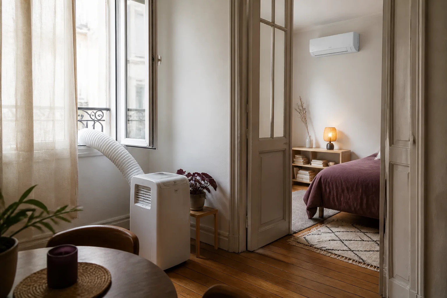 Climatiseur mobile près d'une fenêtre et unité split dans la pièce voisine
