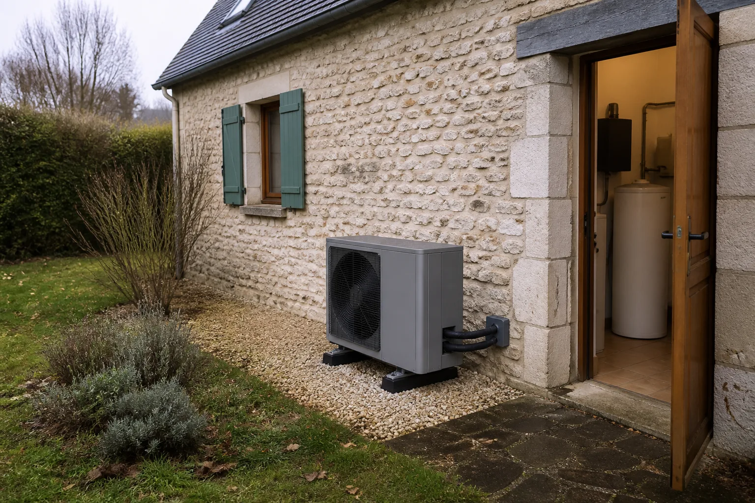 Pompe à chaleur extérieure devant une maison en pierre