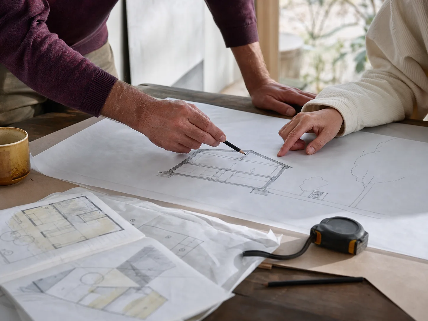 Deux personnes relisent un plan de logement sur une table