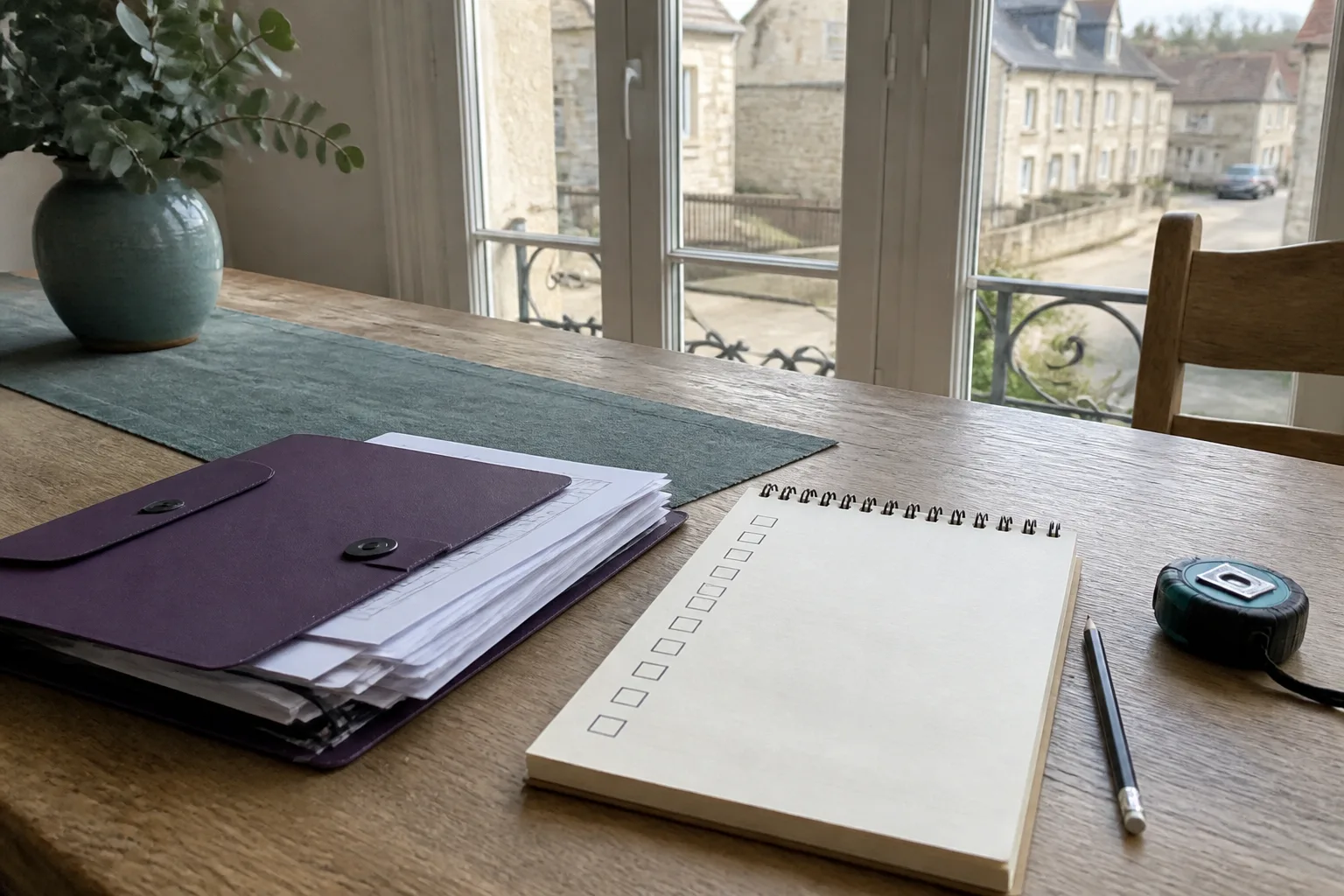 Dossier vierge, carnet de vérification et mètre sur une table