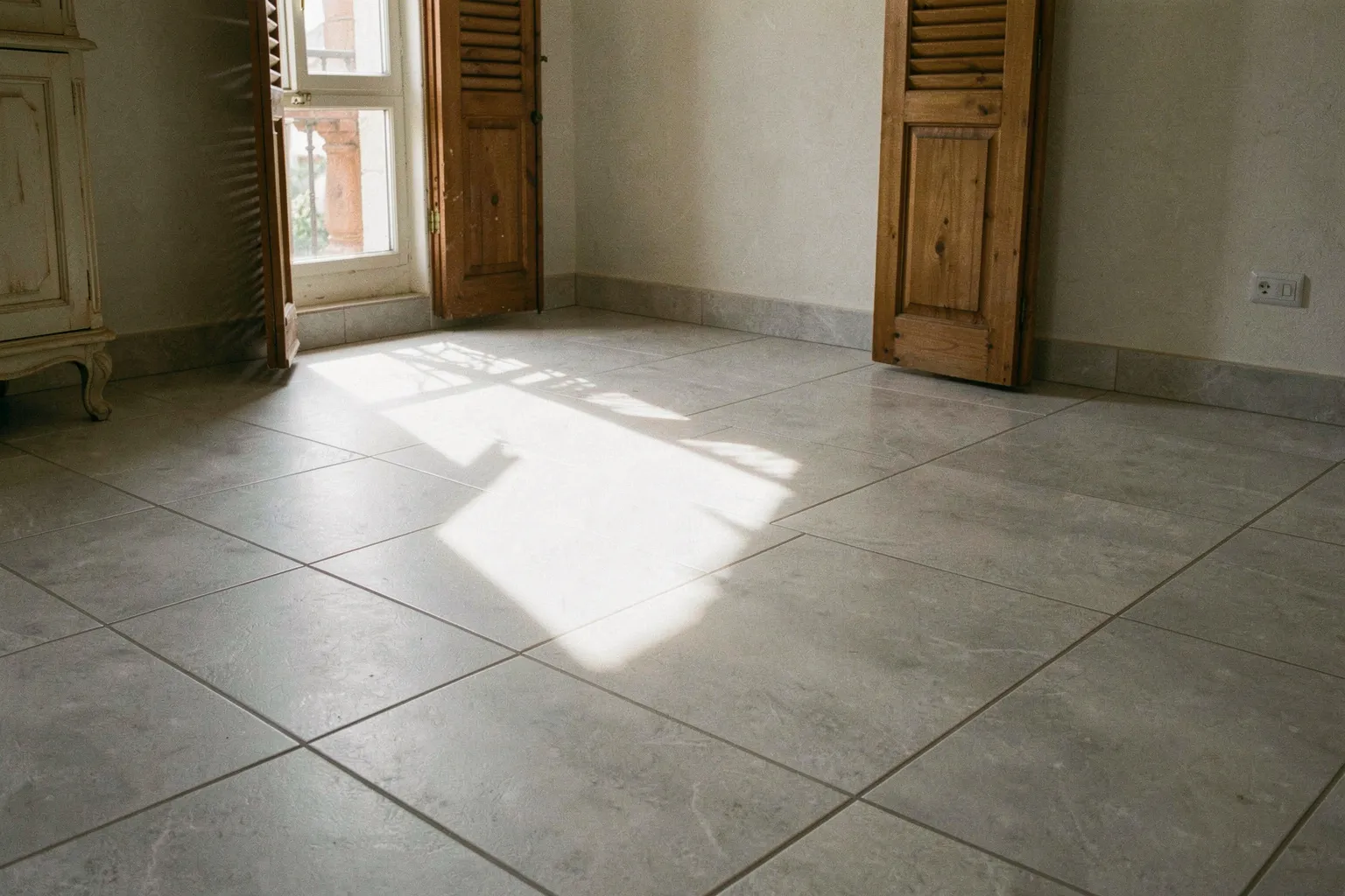 Sol de séjour en grands carreaux gris avec une tache de soleil près d'une porte-fenêtre