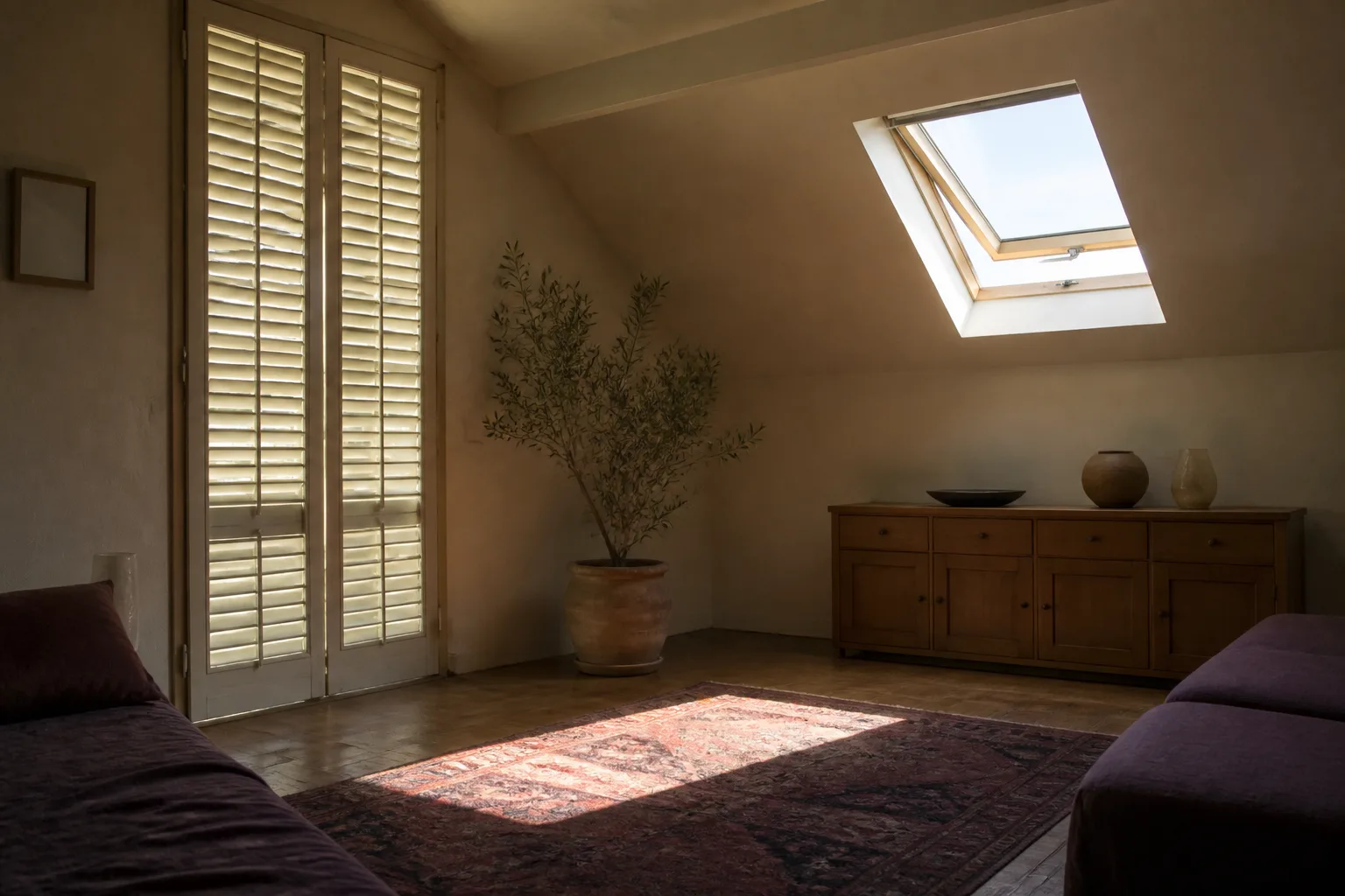 Pièce sous toiture avec fenêtre de toit et zone de soleil au sol