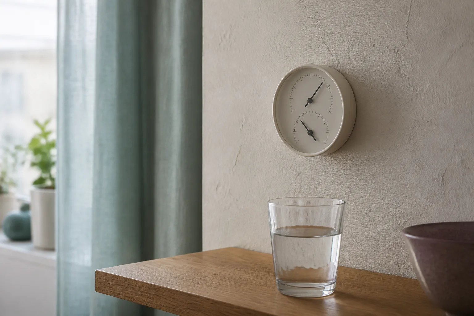 Thermomètre et hygromètre analogiques sur un mur intérieur