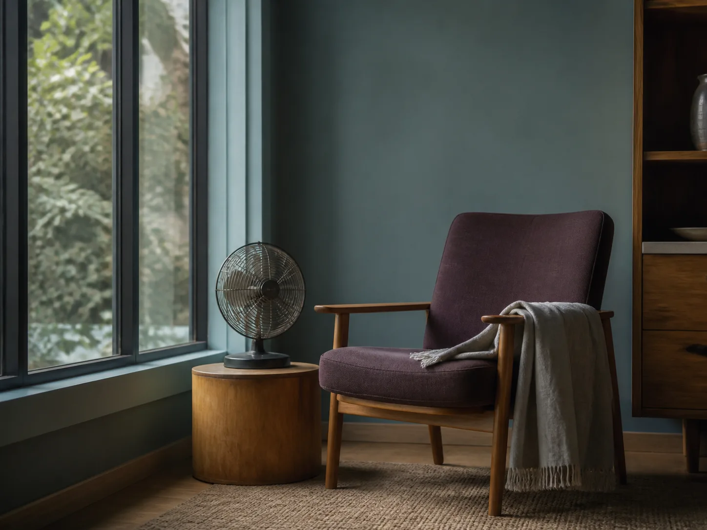 Fauteuil près d'une fenêtre et petit ventilateur arrêté